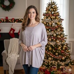 Carmen Marc Valvo Plus Size Fringe Top Blouse 2X Stretch Party Holiday Beige